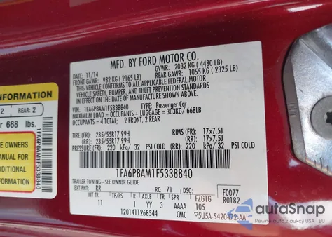 2015 Ford Mustang V6 из США, поврежденный, VIN 1FA6P8AM1F5338840